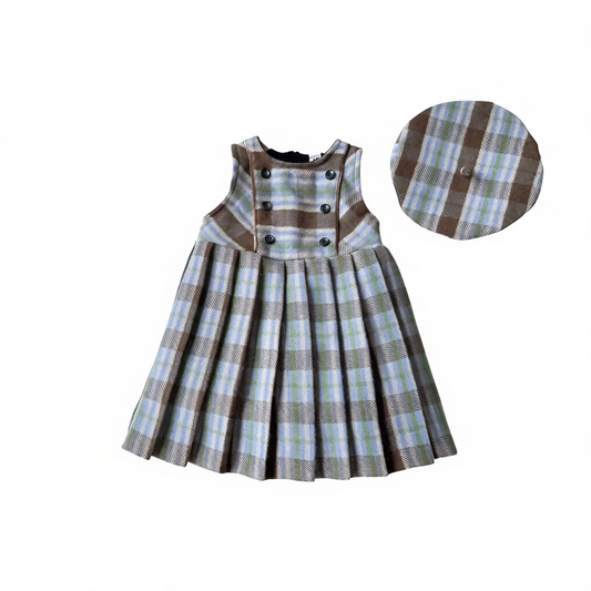 Girls Blue And Brown Plaid Pleated Dress With Cap