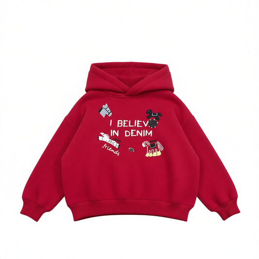 Boys Fleece-Lined Hoodie with Pony Design - Red & Grey Color Options