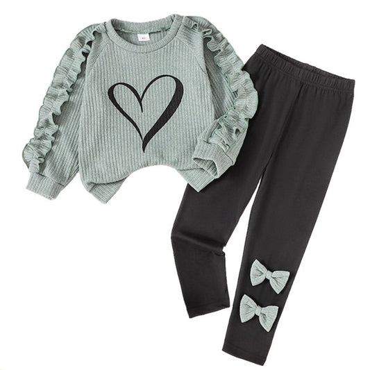 Girls' Heart Print Sweater & Bow Pants Set Light Green Knit Top and Black Trousers