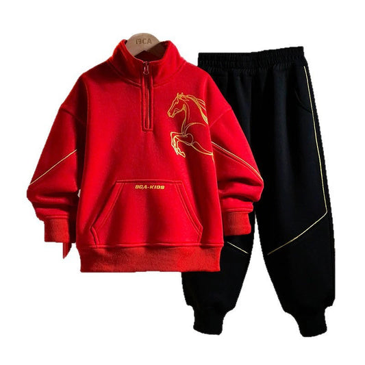Boys Fashion Half Zipper Fleece Shirt Set with Gold Horse Print