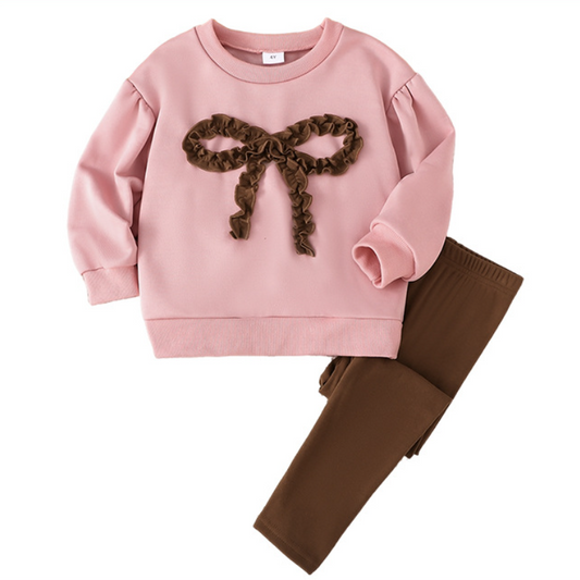 Girl's Pink and Brown Bow Decorated Sweatshirt and Leggings Outfit Set