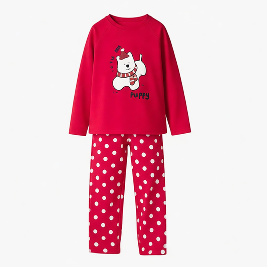 Cute Girls Warm Pajama Set Puppy Top and Polka Dot Pants Cozy Kids Red Loungewear