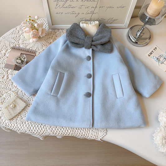 Girls Sky Blue Long Coat Thick Cotton-Padded Wool Blend Trench Jacket