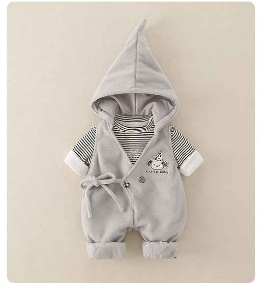 Baby Boy 2-Piece Set Hooded Quilted Top & Pants Outfit with Stripe & Cartoon Print