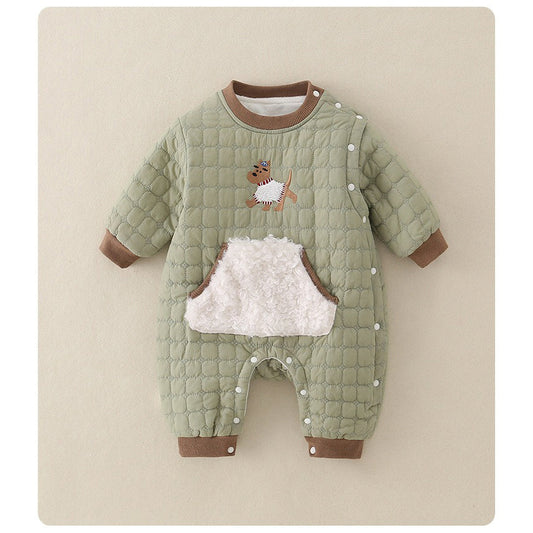 Green Quilted Baby Boys Romper Plush-Lined One-Piece with Cute Dog Pattern