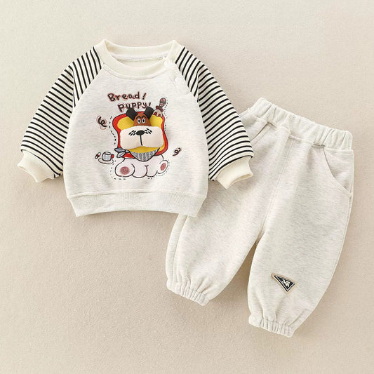 Baby Boy Two-Piece Set Outfit with 3D Dog Pattern Fleece-Lined Grey Pullover and Pants