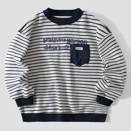 Boys Grey Stripe Fleece Sweatshirt Fashion Pullover with Little Pocket