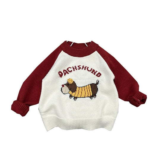 Boys Red and White Knit Sweater Colorblock Pullover with Puppy Print