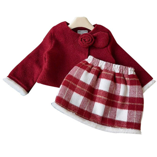 Girls Red Quilted Jacket and Plaid Skirt 2-Piece Set Festive Outfit (Age 2T-8)